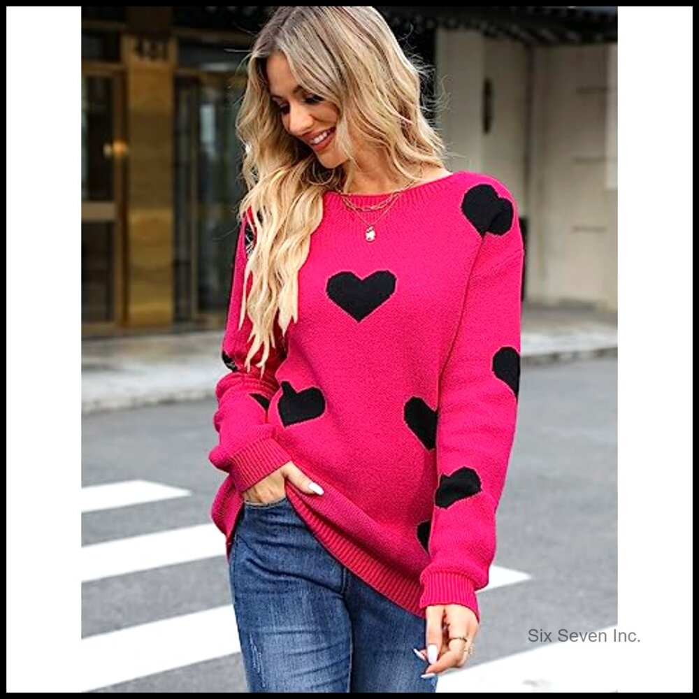 Crew Neck Pullover Sweater Long Sleeve Knitted Casual Y2K Cute Heart Pattern - Picture 2 of 7